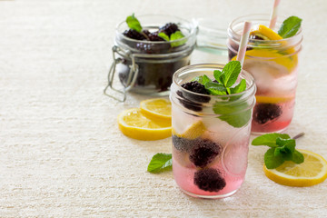 Fruit water. Refreshing summer drink with blackberries, lemon and mint. The concept of healthy and dietary nutrition. Copy space.