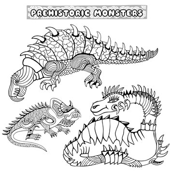 Set of prehistoric monsters. Coloring book. Hand drawn vector illustration with geometric and floral elements. 