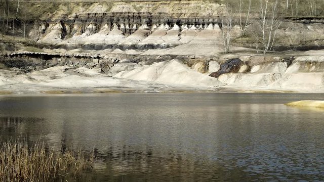 A locked down shot over water that shows an abandoned mining pit subjected to the effects of land erosion and leaching of minerals into the water.