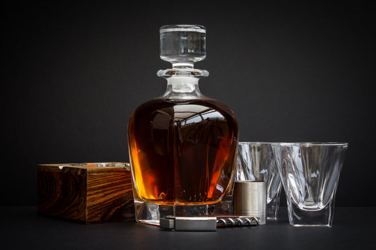 Whiskey Decanter, ashtray, glasses, jugger and opener