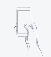 Hand holds the phone. Line art modern vector illustration. Template for your design.