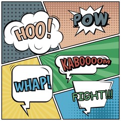 Abstract creative concept vector comic pop art style blank, layout template with clouds beams and isolated dots background. For sale banner, empty speech bubble set, illustration halftone book design.