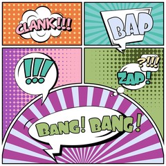 Abstract creative concept vector comic pop art style blank, layout template with clouds beams and isolated dots background. For sale banner, empty speech bubble set, illustration halftone book design.