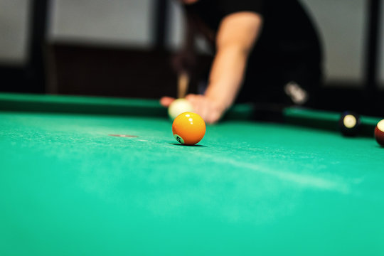 Billiard balls in a green pool table, game. Table for billiards with balls.Fragment of the pool billiard game in process. American pool billiard. Pool billiard game. Billiard sport concept