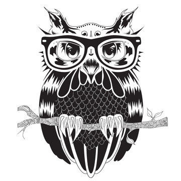 Graphic drawing of owl in hipster glasses, tattoo design, vector illustration