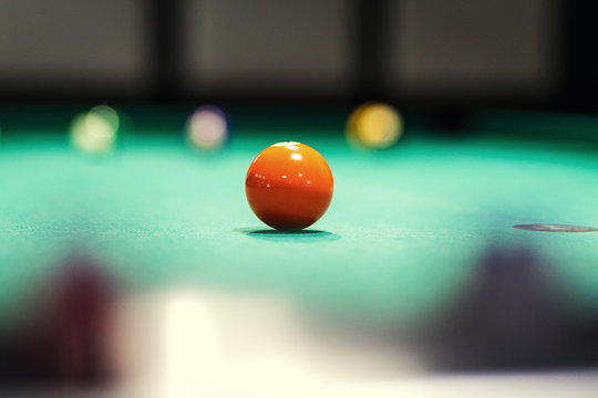 Billiard balls in a green pool table, game. Table for billiards with balls.