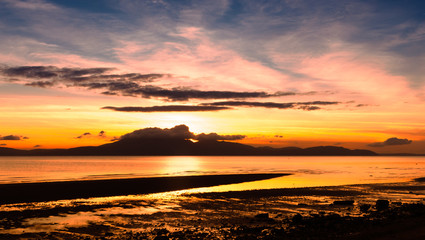 Arran on Fire at Sunset Reflected onto Beach and Sea..