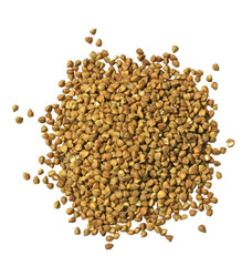 Healthy ecological buckwheat isolated on white. Excellent natural energy source of slow carbs carbohydrates iron Fe element and Protein. Sport food snack before work out.