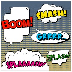 Abstract creative concept vector comic pop art style blank, layout template with clouds beams and isolated dots background. For sale banner, empty speech bubble set, illustration halftone book design.