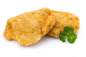 Fried chicken nuggets isolated on white.
