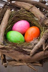 Easter eggs in the nest. Spring discount card.