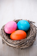 Easter eggs in the nest. Spring discount card.