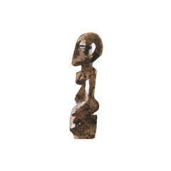 Painting african totem. Watercolor woman wood statue. Hand drawn antique illustration on white background