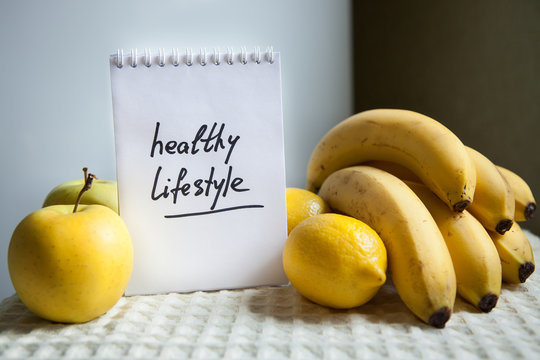 Healthy lifestyle words with fruits