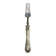 Watercolor vintage silver fork. Hand drawn old cutlery. Painting antique illustration on white background