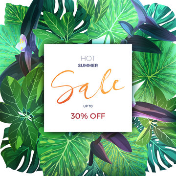 Green botanical summer tropical sale flyer with palm leaves and exotic purple flowers. Vector floral template.