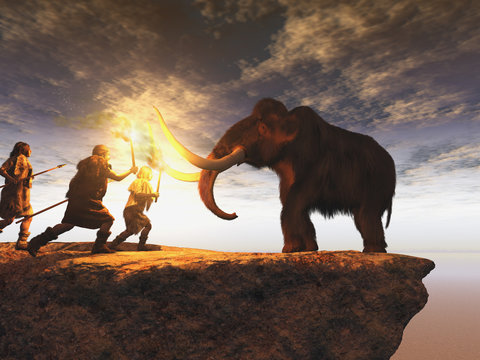 Hombres prehistóricos cazando un joven mamut