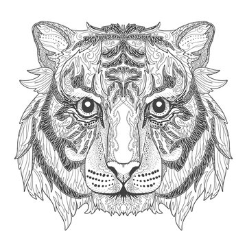 Doodle coloring book with tiger head.