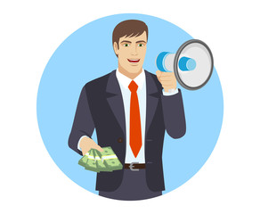Businessman with cash money and loudspeaker