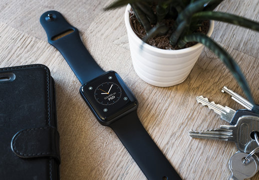 Close View Mockup of Smartwatch on Table 1