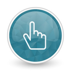 Cursor hand brillant crystal design round blue web icon.