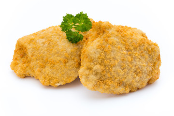 Fried chicken nuggets isolated on white.