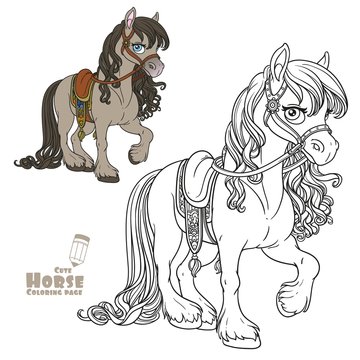 Cute horse with lush mane harnessed to a saddle color and outlined picture for coloring book on white background