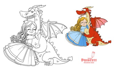 Little princess hugs dragon color and outlined picture for coloring book on white background