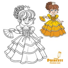 Lovely princess with fan in hand color and outlined picture for coloring book on white background