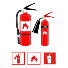 Fire extinguishers in realistic style and flat signs isolated on white background. Vector illustration.