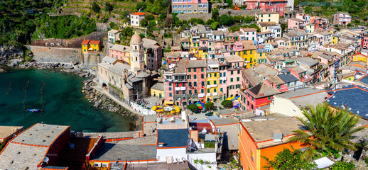 View of Vernazza houses and blue sea, Cinque Terre national park, Liguria, Italy