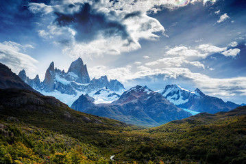 Mount Fitz Roy in Patagonia in Argentina and its neighboring granite towers