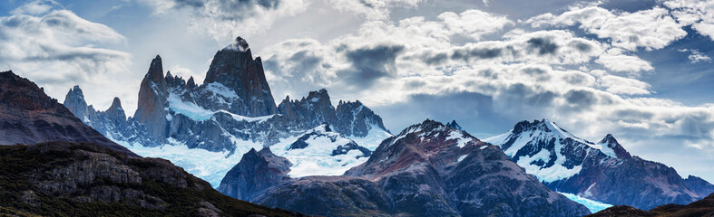 Panorama of Mount Fitz Roy in Patagonia in Argentina and its neighboring granite towers