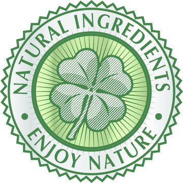 Green clover leaf in circle with inscriptions about natural ingredients and ecological purity. Eco sign symbol logo template.