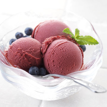 Fruit sorbet in glass dish