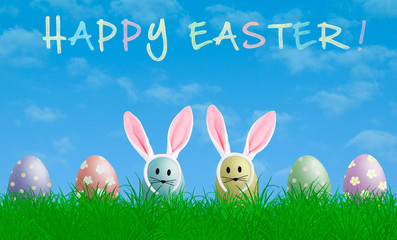 colorful pastel easter eggs with bunny ears in grass with blue sky background and text happy easter