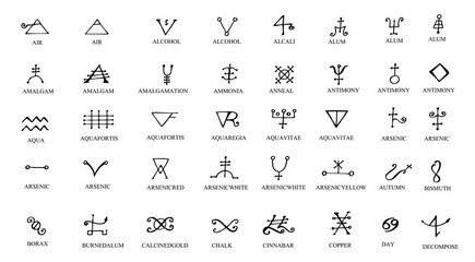 A set of alchemical symbols isolated on white. Hand drawn elements for design. Mystical, esoteric, occult theme. - obrazy, fototapety, plakaty