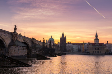 Fototapeta premium Charles Bridge at sunrise, most beautiful bridge in Czechia. Prague, Czech Republic
