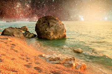Universe landscape of alien planet with water in deep space