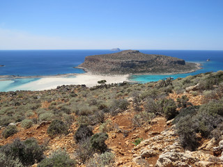 Crystal clear water, sand bars, rocks and islands. Balos Bay, Crete, Greece, Mediterranean