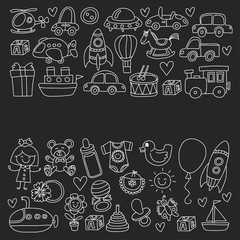 Vector doodle set with toys for shop, store, kindergarten, nursery Hand drawn vector illustration