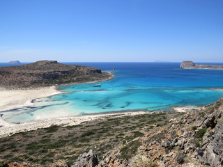 Crystal clear water, sand bars, rocks and islands. Balos Bay, Crete, Greece, Mediterranean