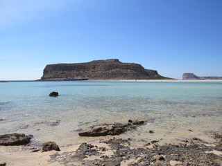 Crystal clear water, sand bars, rocks and islands. Balos Bay, Crete, Greece, Mediterranean