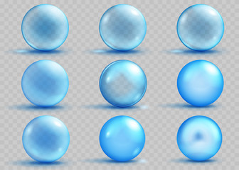 Set of transparent and opaque light blue spheres with shadows. Transparency only in vector file