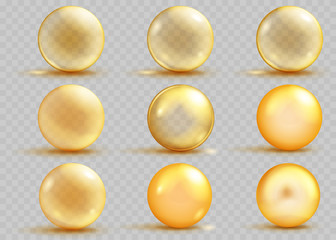 Set of transparent and opaque yellow spheres with shadows. Transparency only in vector file