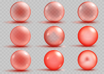 Set of transparent and opaque red spheres with shadows. Transparency only in vector file