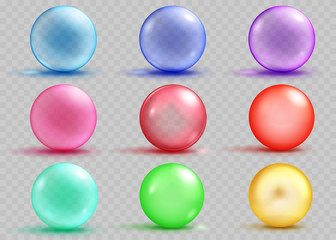 Set of transparent and opaque colored spheres with shadows. Transparency only in vector file