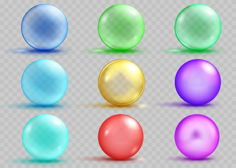 Set of transparent and opaque colored spheres with shadows. Transparency only in vector file