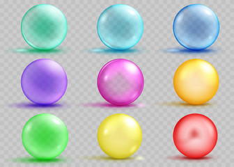 Set of transparent and opaque colored spheres with shadows. Transparency only in vector file