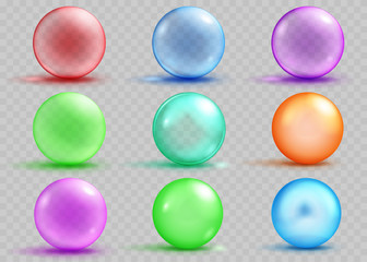 Set of transparent and opaque colored spheres with shadows. Transparency only in vector file